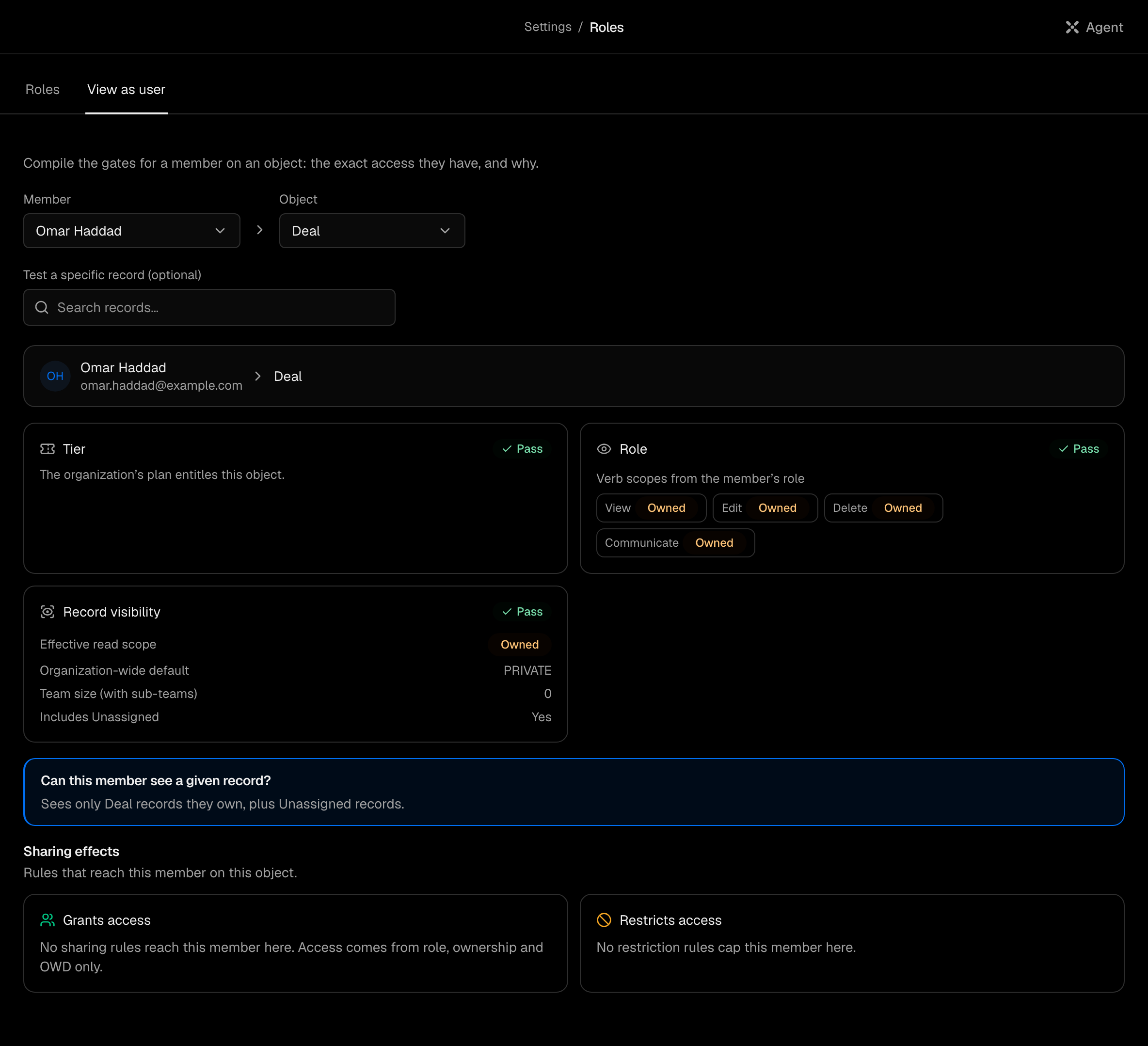 View as user for a member on deals