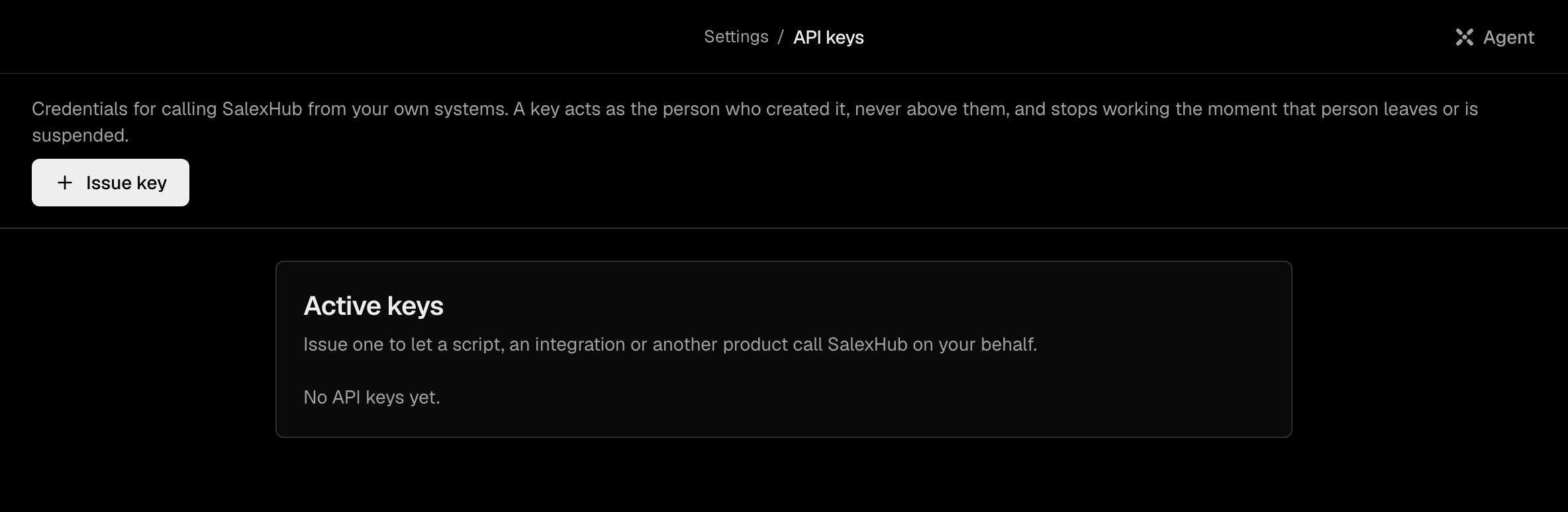 The API keys screen of a new organization