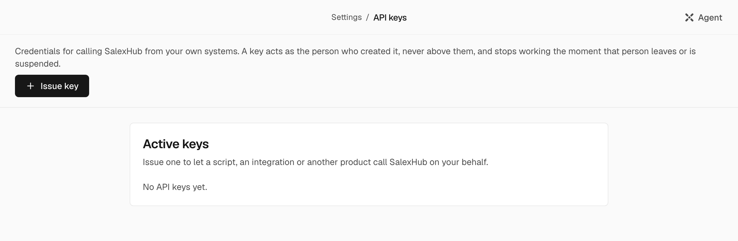 The API keys screen of a new organization