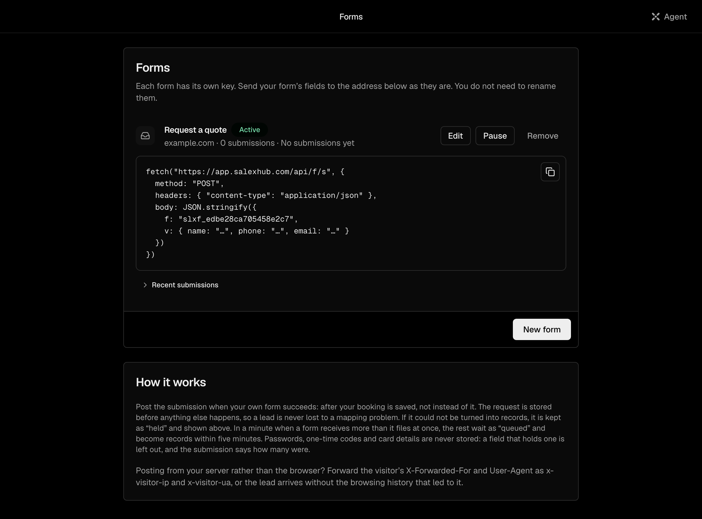 The Forms screen with one form bound to a tracked site