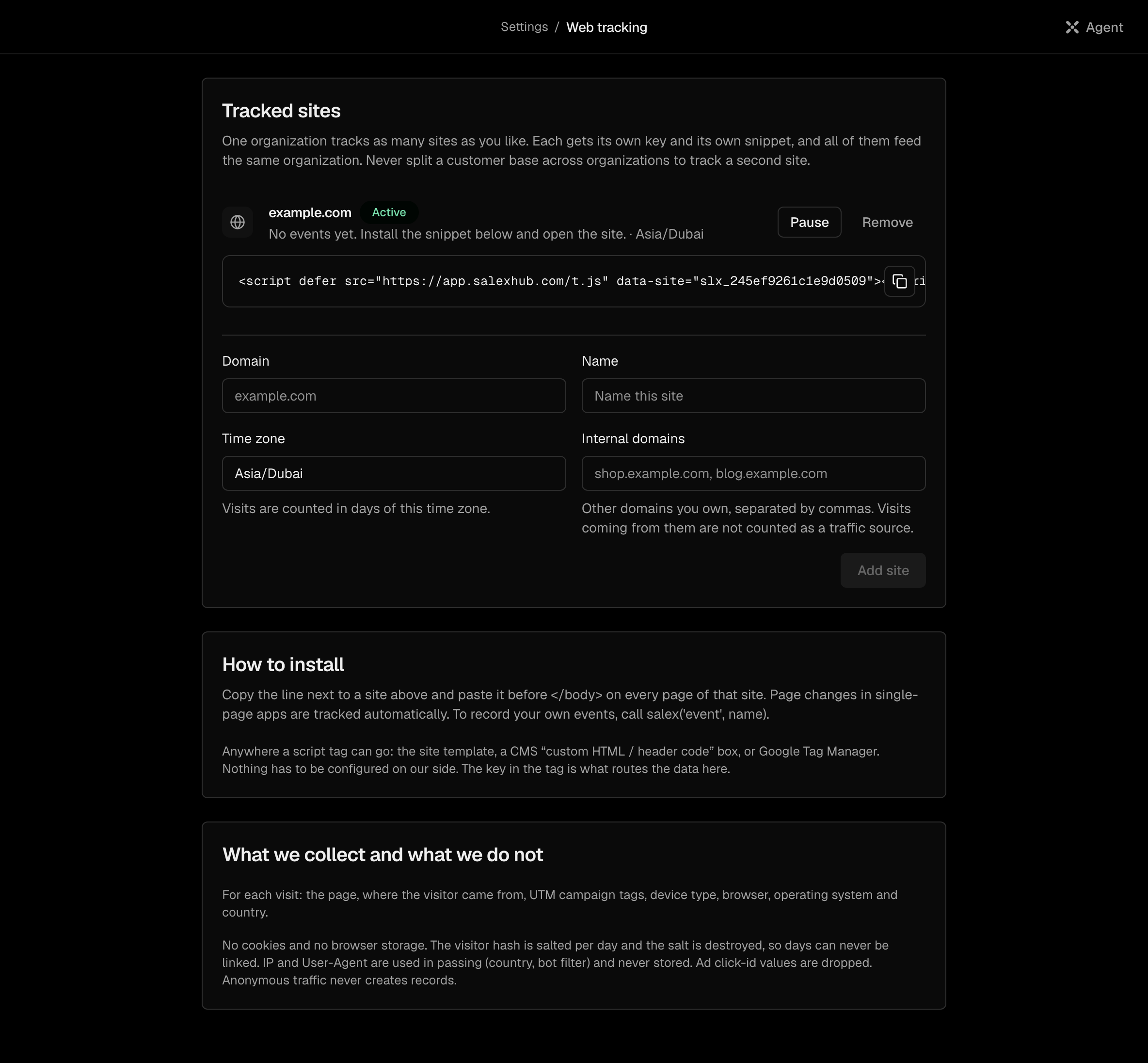 The Web tracking screen with one tracked site and its tag