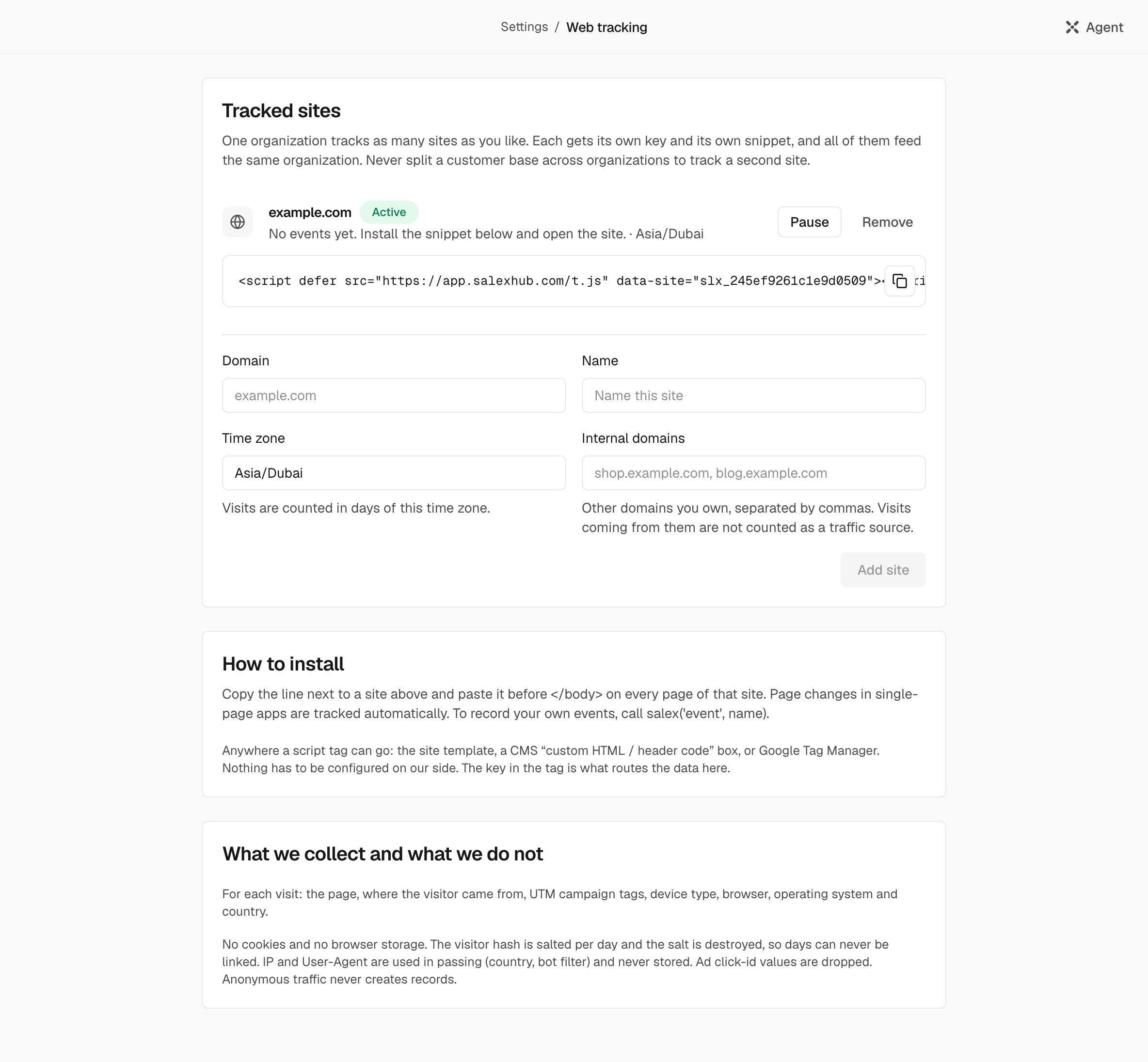 The Web tracking screen with one tracked site and its tag