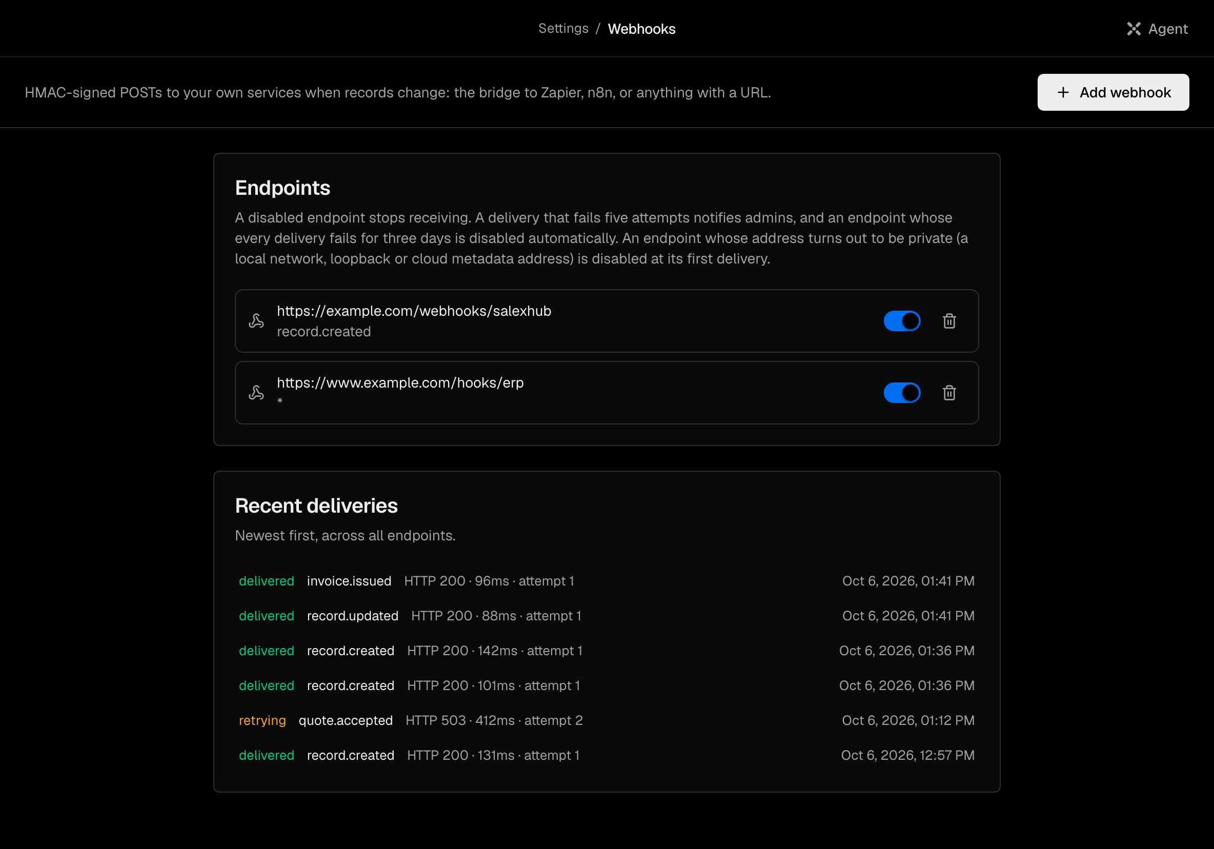 The Webhooks screen with two endpoints and the latest deliveries