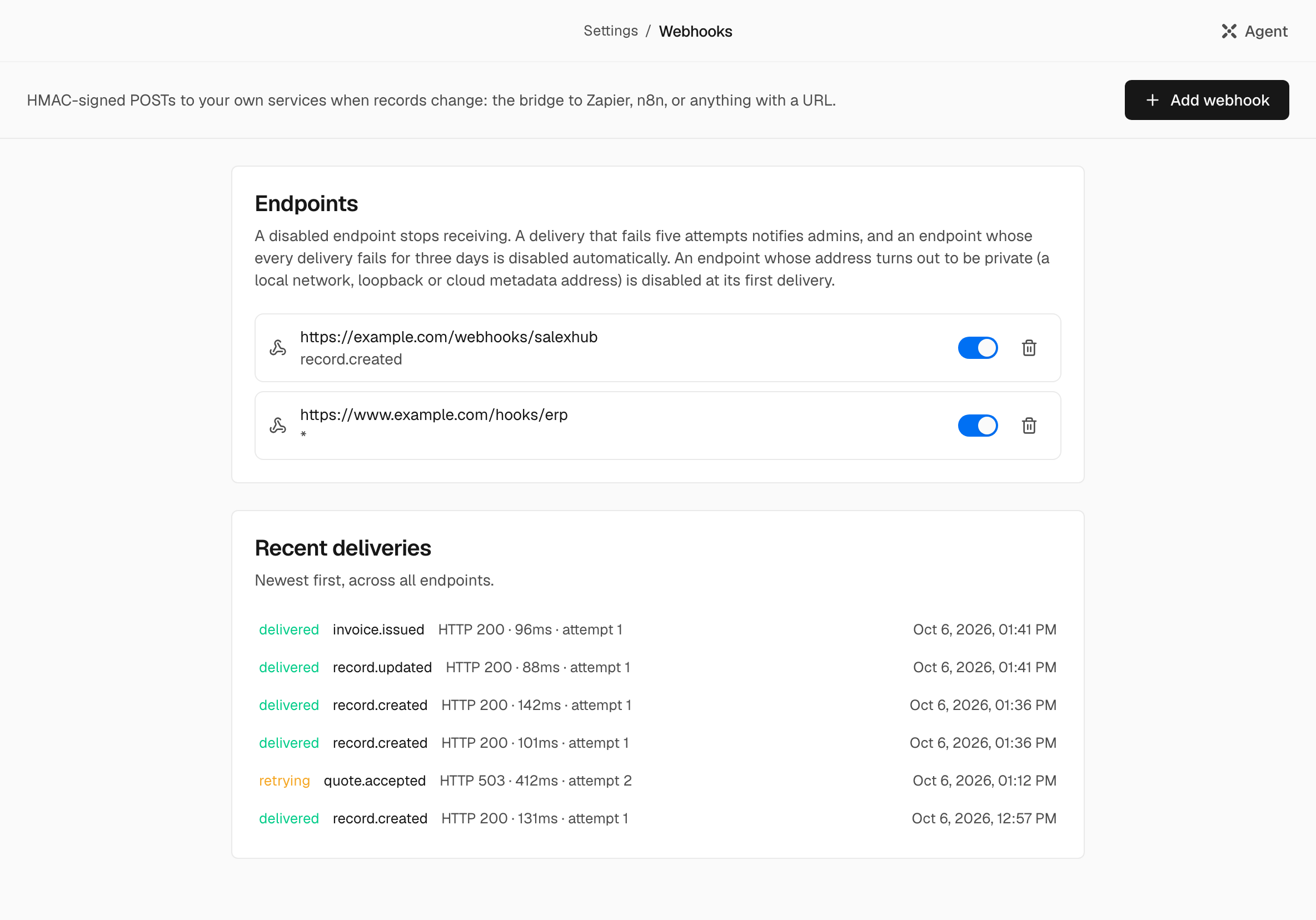 The Webhooks screen with two endpoints and the latest deliveries
